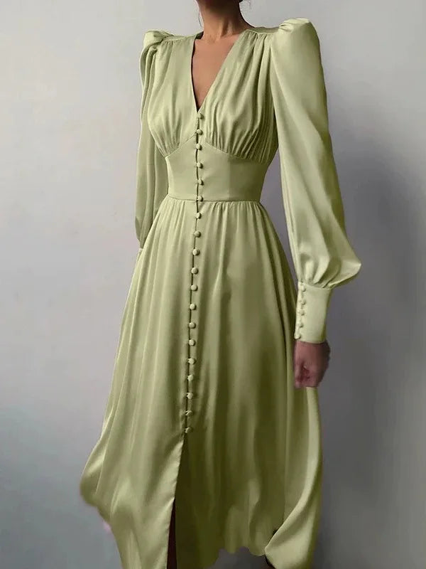 2026 Women's Fashion Satin Dress Lantern Sleeve Waist Slimming Style Elegant Slim Long Dress