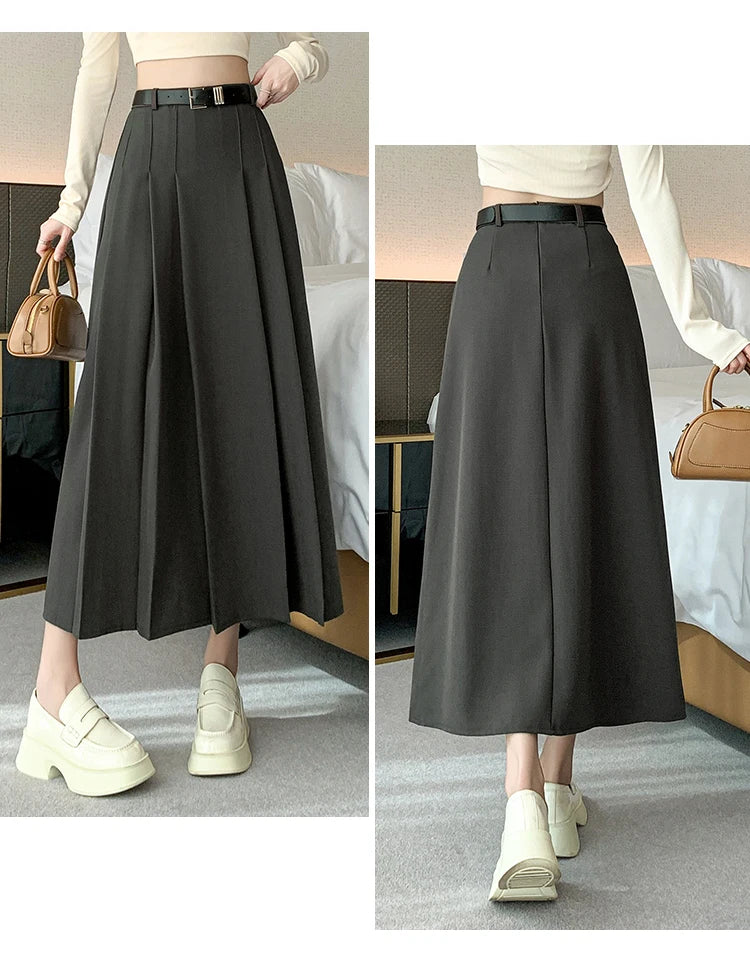 [EWQ] Elegant Solid Color Mid-Length All Match Skirt For Women 2026 Spring Summer Loose High Waist A-Line Pleated Skirts 16O9169