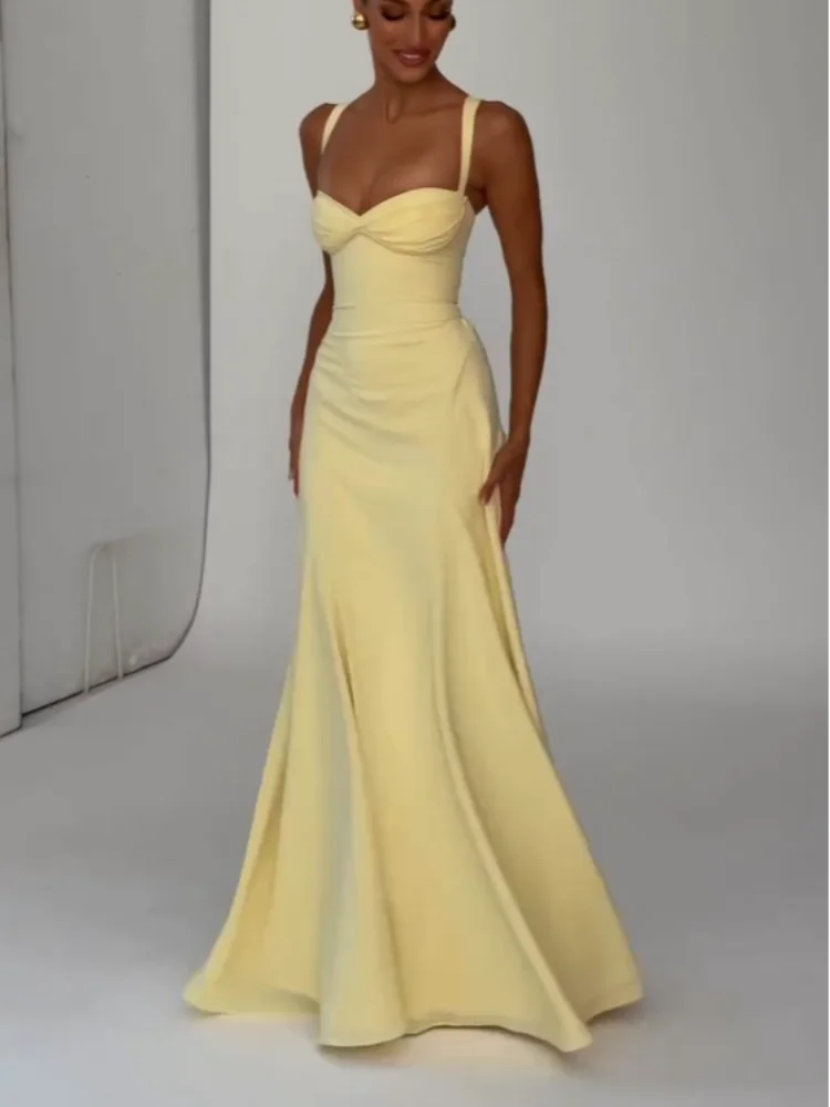 Yellow Low Cut Backless Long Dress Women Chic Lace Up High Waist Sleeveless Waist Cinching Slim Sling Dresses Lady Party Robes