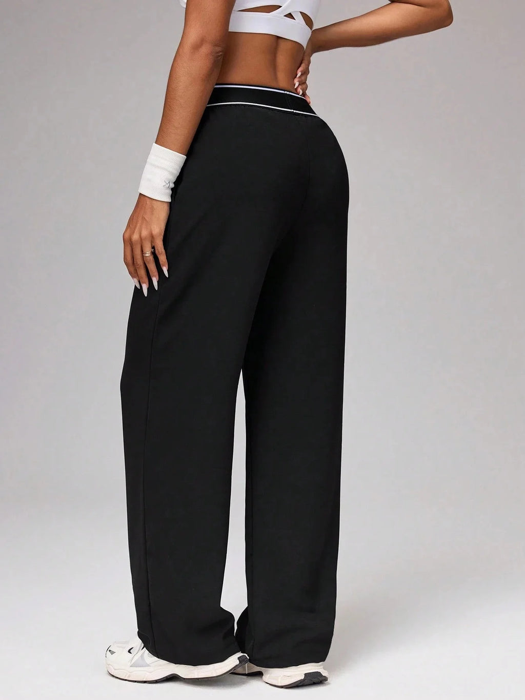 Women's High Waist Wide Leg Pants, Striped Waistband Loose Fit Casual Trousers, Lightweight Breathable Workout Joggers
