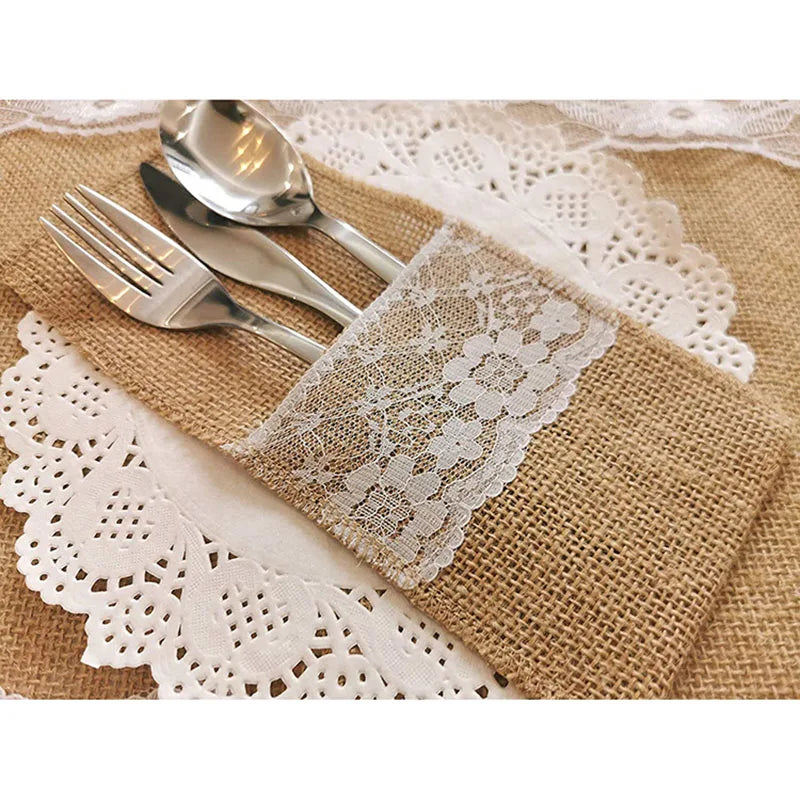 Burlap Lace Cutlery Pouch
