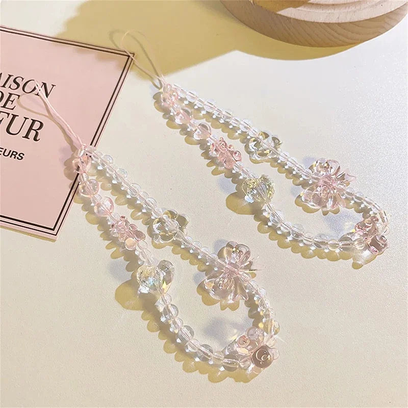 Korean Cute Y2K Pink Bow Bear Heart Beaded Phone Chain Charm Lanyard For iPhone Hanging Rope Girl Jewelry Decoration ﻿