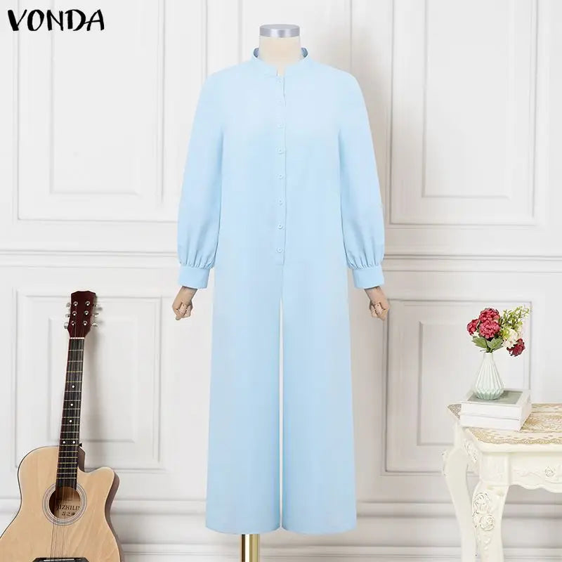 ZANZEA Women Fashion Long Jumpsuits 2026 Summer Long Sleeve Solid Rompers Casual Stand Collar Loose Overalls Streetwear Work
