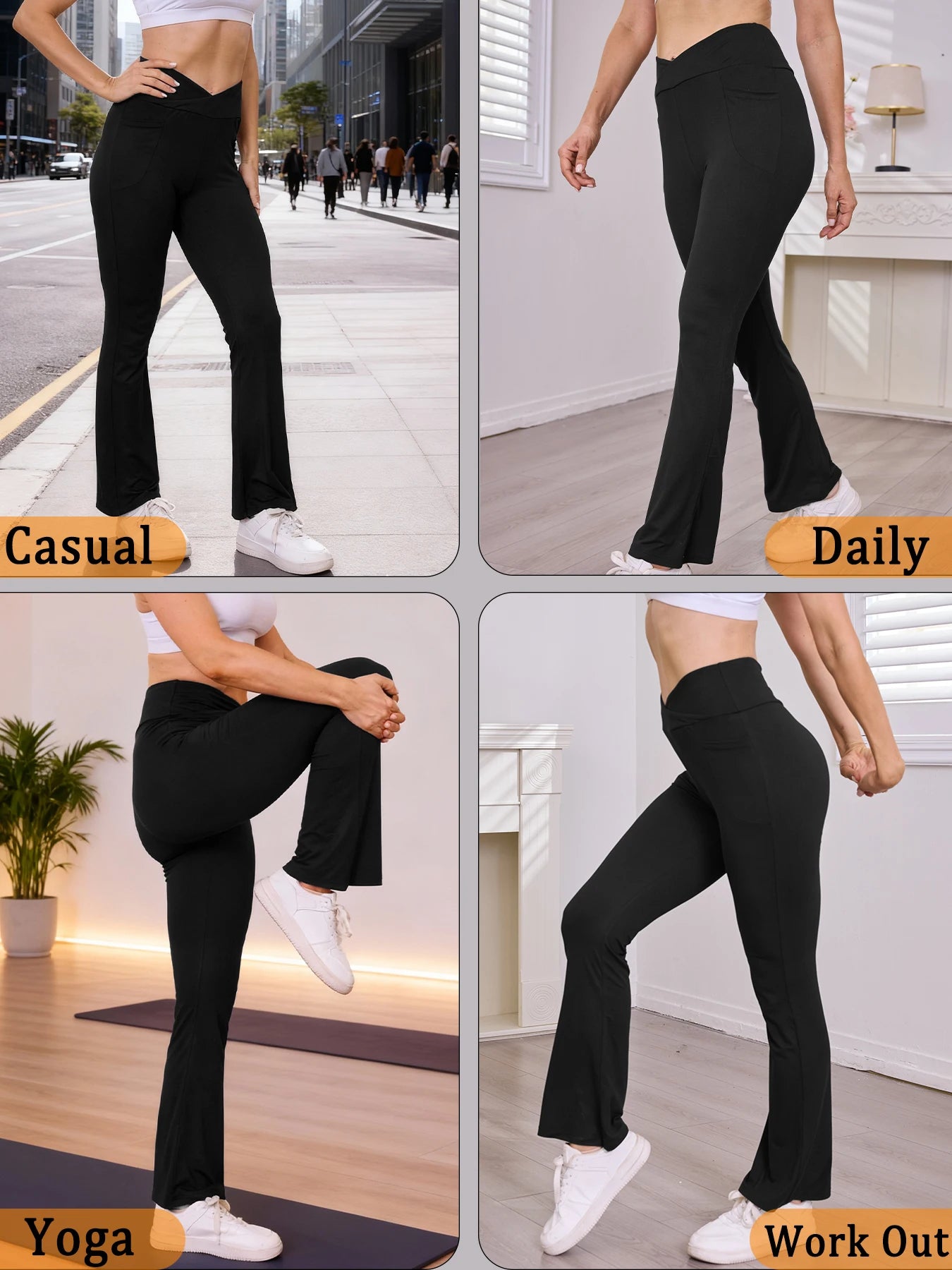 Women's Super Soft Crossover High Waisted Flare Legging With Pockets, Tummy Control Yoga Bootleg Bell Bottoms