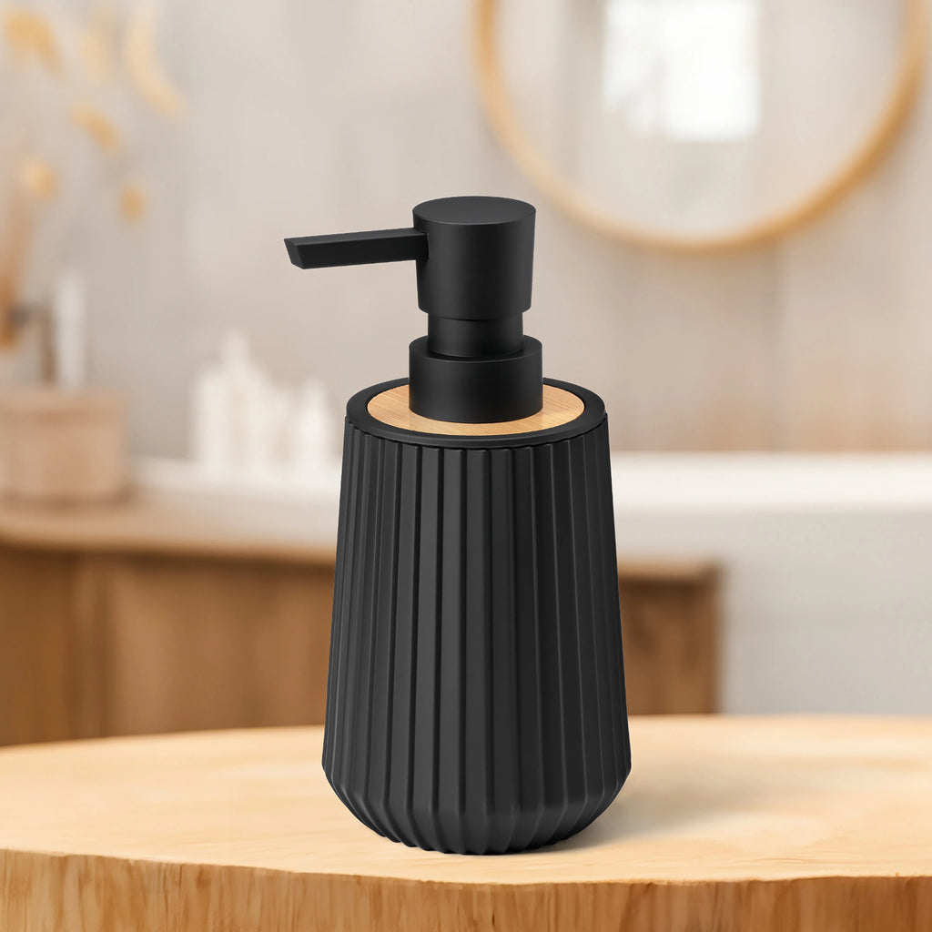 Modern Black Matte Soap Dispenser – Bamboo Trim