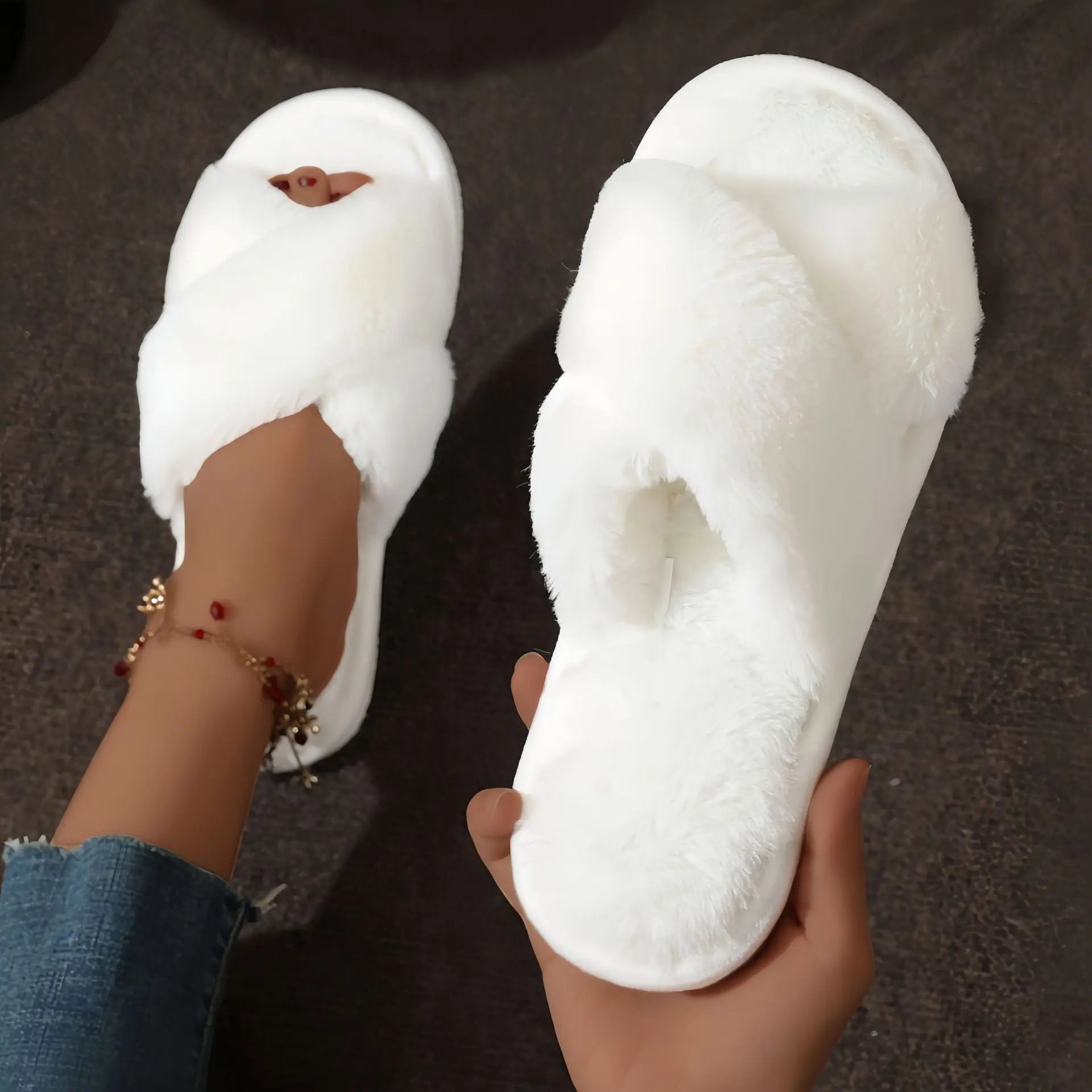 Women’s Furry Cross Band Slippers