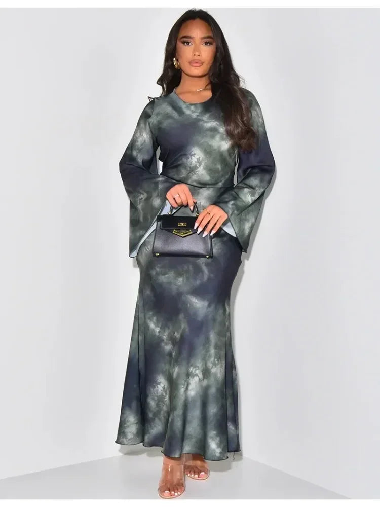 Elegant Women Print Maxi Dress Long Sleeve Loose O-neck Bandage Satin Clothing Fashion Lady Casual Dresses 2024