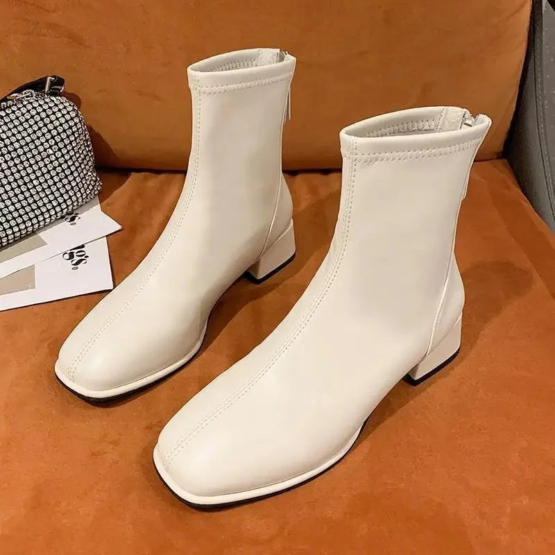 Women's Winter Short Boots White Fleece Lined Square Toe Booties Spring Autumn Seasonal Fashionable Thick Heel Ankle Boots