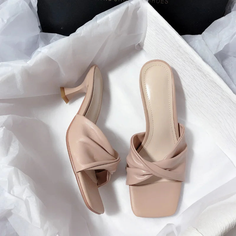 Fashion Summer Women Shoes New Handmade Square Open Toe High Heels Outdoor fashion Slippers Apricot Off white size 35-40