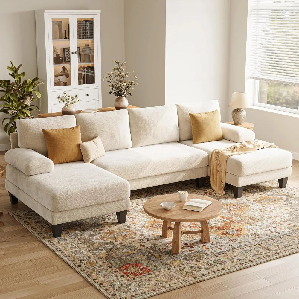 Beige 112-Inch U-Shaped Sectional Sofa with Double Chaise for Apartments