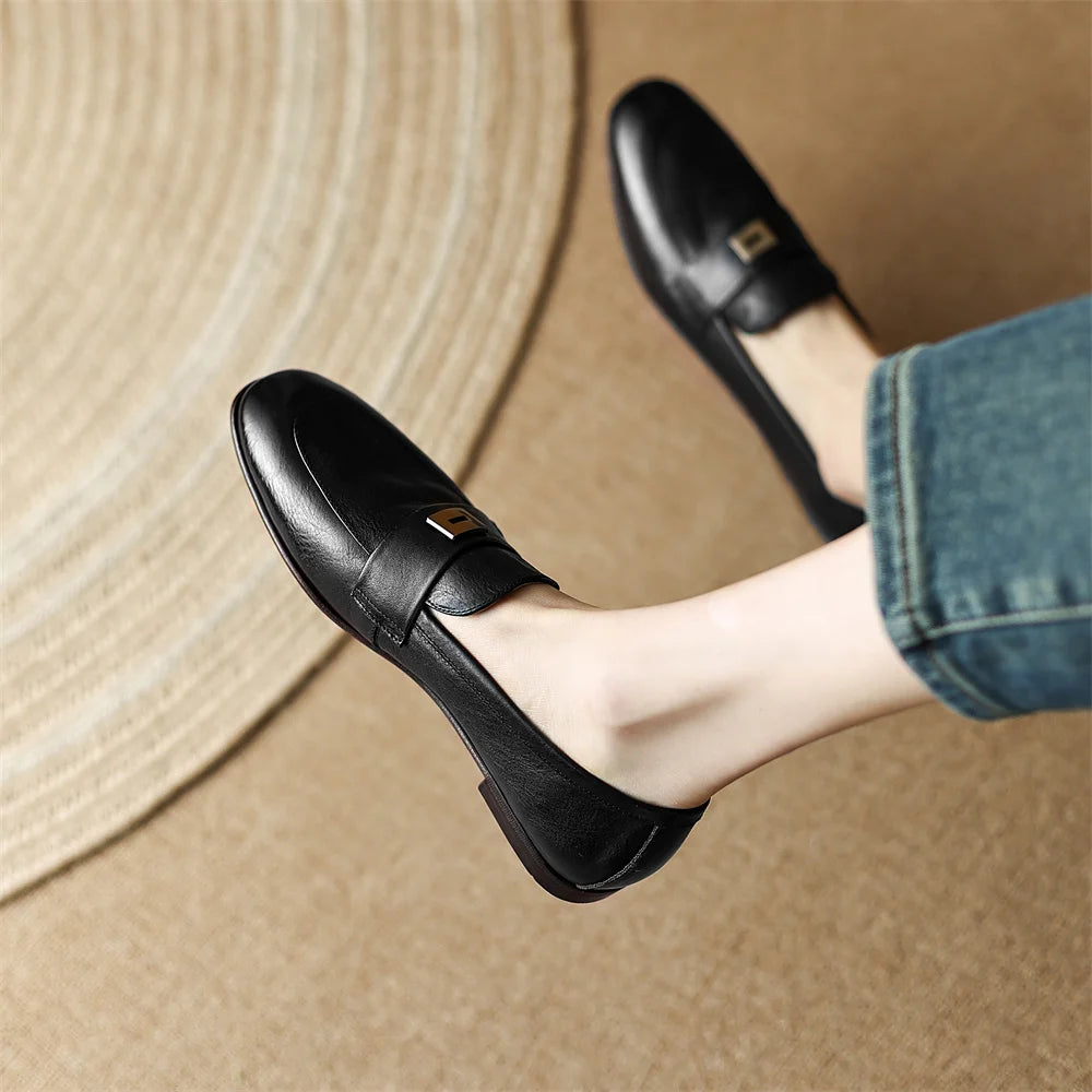 Danxuefei Women’s Leather Slip-On Loafers – Round Toe