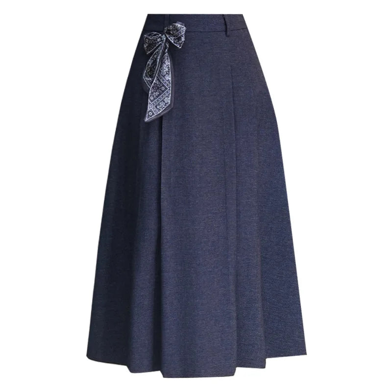 Fashionable Patchwork Pleated Skirt Women's Casual High Quality A- Line Midi Skirt Autumn New Style Polyester Blend Skirt