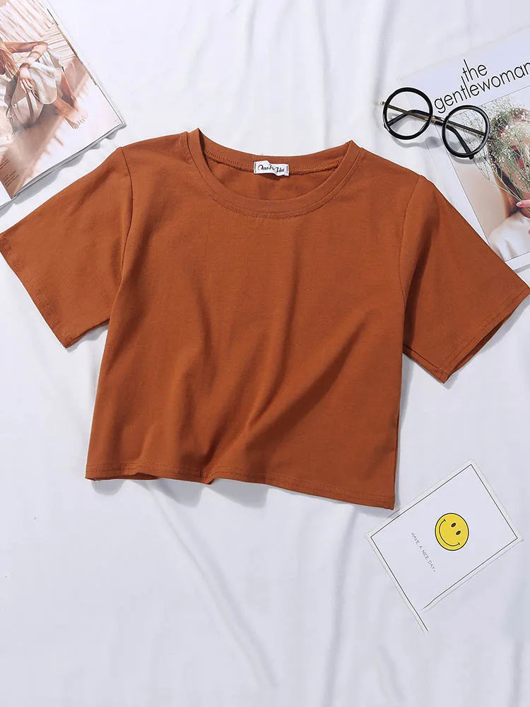 2023 Summer Short Sleeve T Shirts Women Cotton Solid T-shirt O Neck High Waist Crop Top Tee Female Casual Loose T Shirt