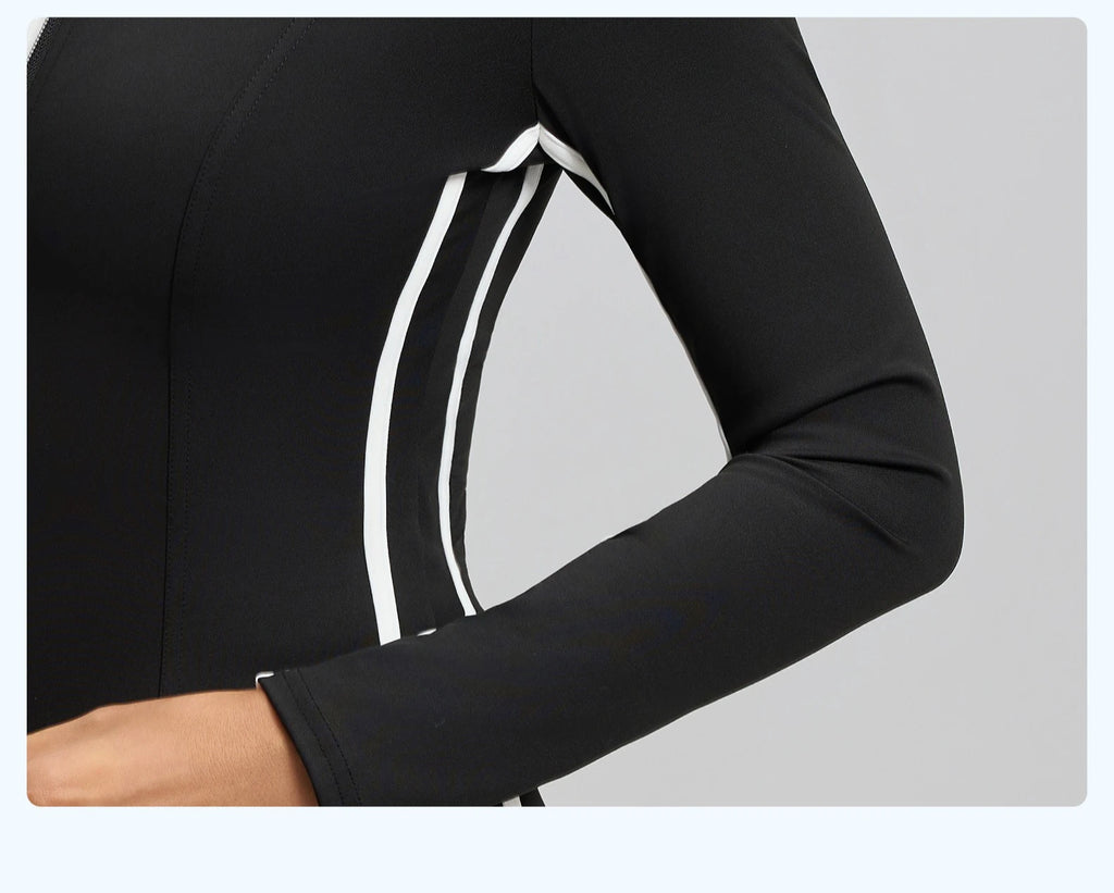 Striped 2pcs Yoga Gym Set Women Long Sleeve Zipper Sport Jacket Hip Lifting Leggings Fitness Running Tops Flare Pants Tracksuit