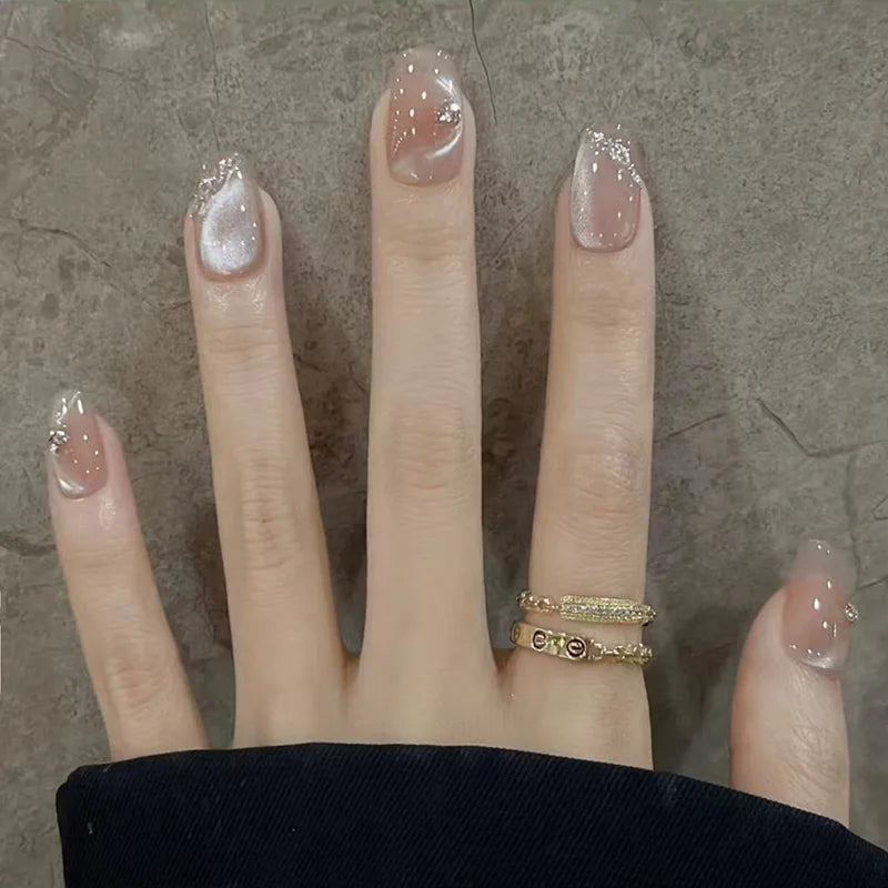 24pcs Detachable Short Press on Nails Y2k rhinestone False Nails with Glue Ballet Sweet Cool Girls Artificial False Nails Tips