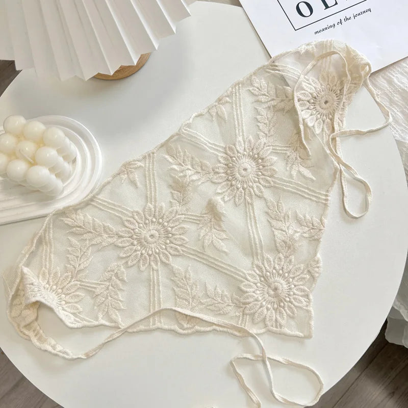 2025 New Style Lace Triangular Binder Headscarf Beige French Farm Style Girl Korean Style Ins Style Lace-up Hair Band Toe Cap