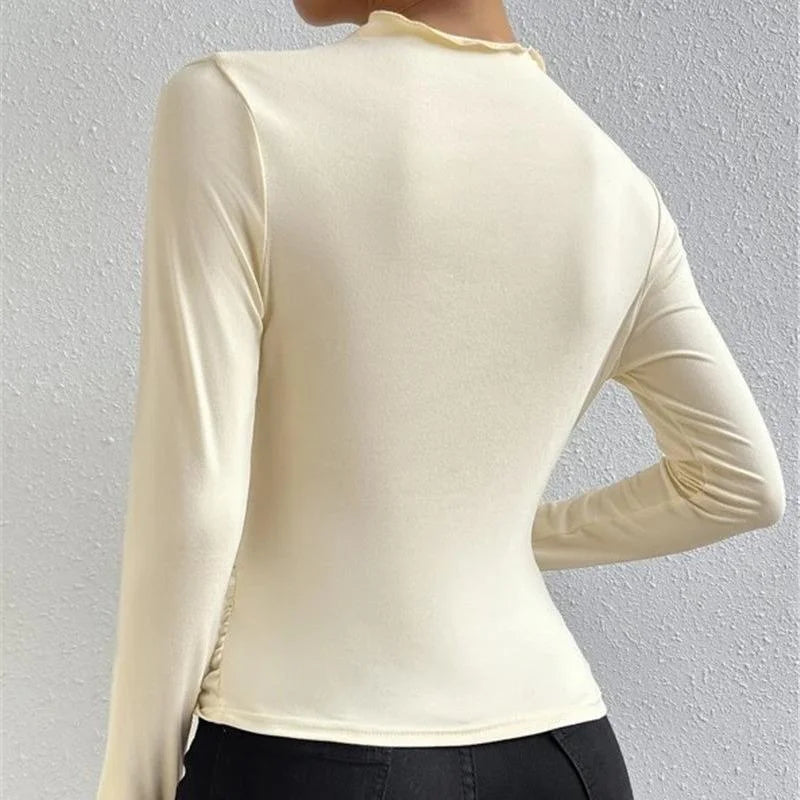 Women's Pleated Long Sleeve T-Shirt Bodycon Fit Polyester Spandex Blend Drawstring Closure  Color European Style Top