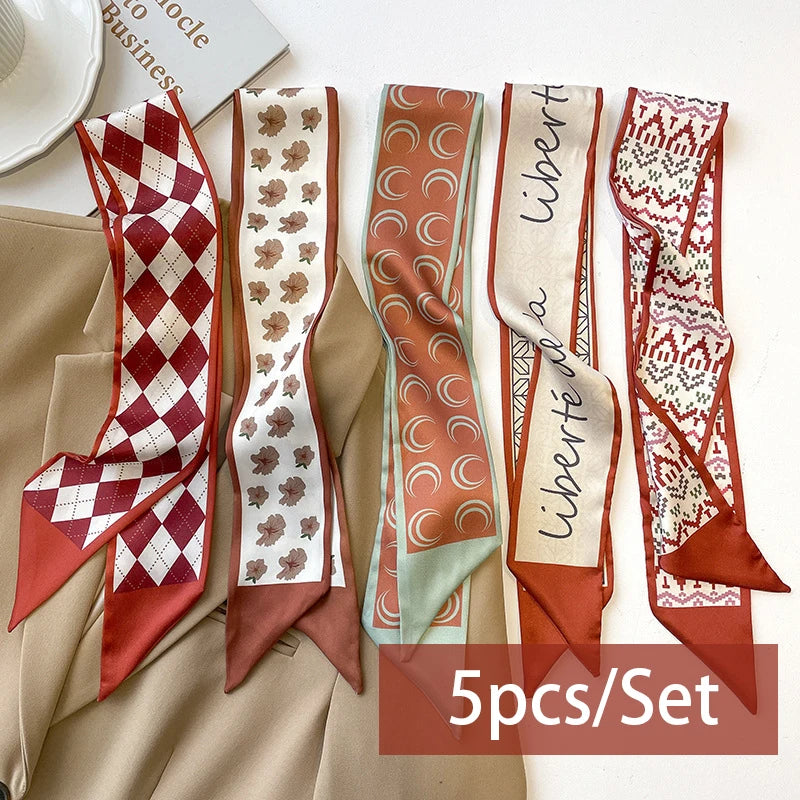 2-6pcs/set Series Silk Satin Scarf Women Cloth Hair Bands Headdress Accessories Lady Scarves Ribbon Neck Ties for Bag Handle
