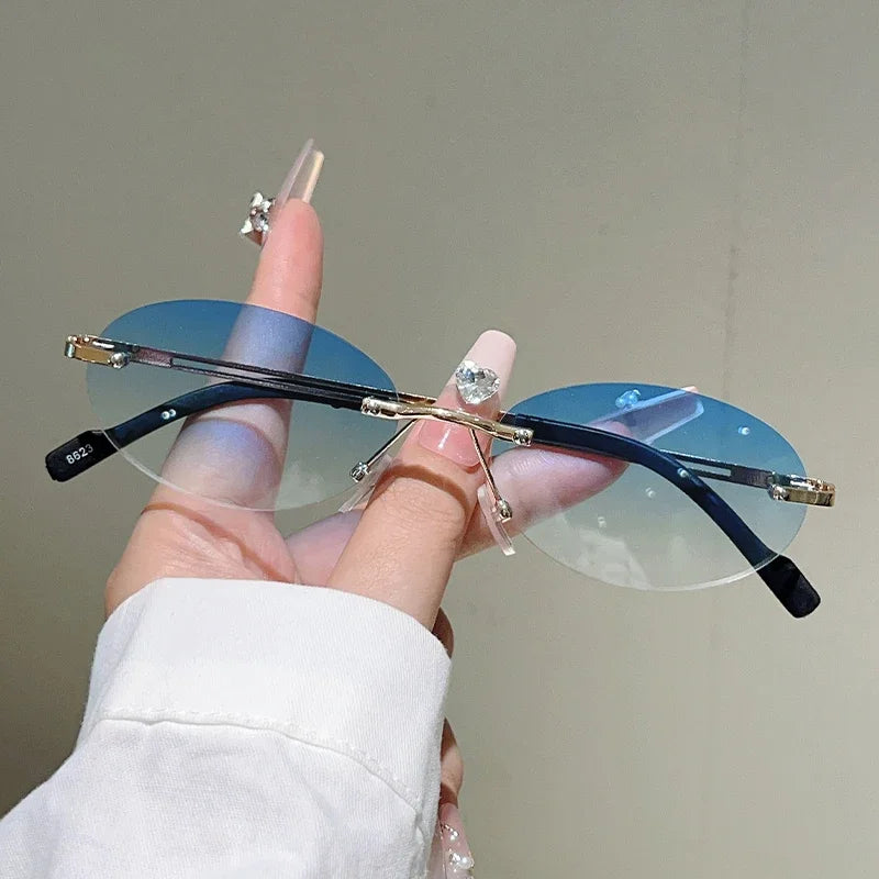 Rimless Oval Sunglasses Women Fashion Gradient Decor Shades Eyewear New Trendy Vintage Brand Design Casual Eyeglasses