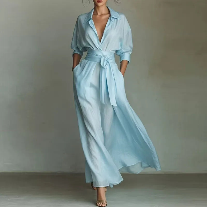 Bohemian Elegant Lace-up High Waist Long Dress Woman New Turn-down Collar Hollow Party Dress Spring 3/4 Sleeve Pocket Maxi Dress