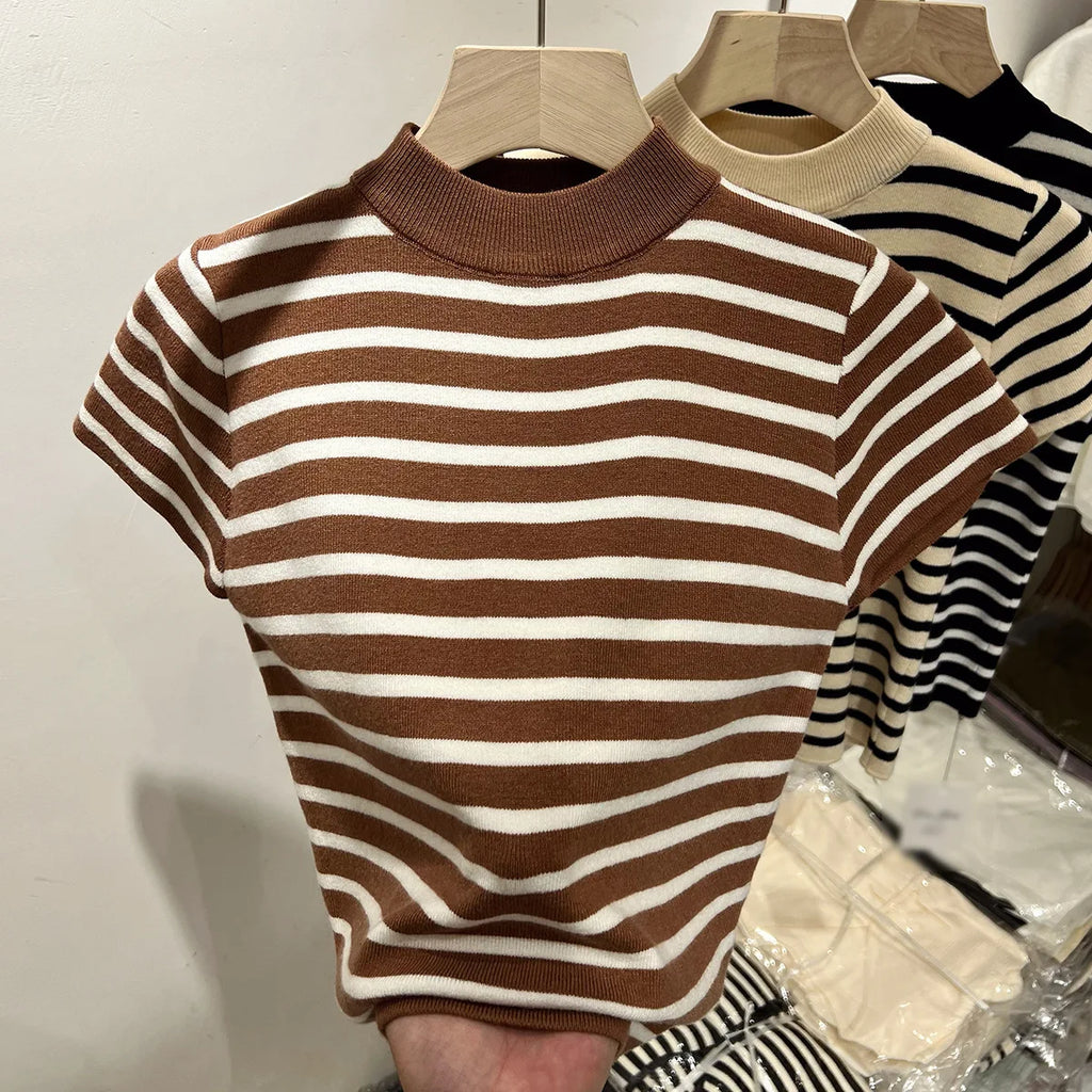 Half Turtleneck Pullover Striped Sweater Sweater Slim Fit Top Shirt Women's Early Spring and Autumn Short Sleeve Bottoming Shirt