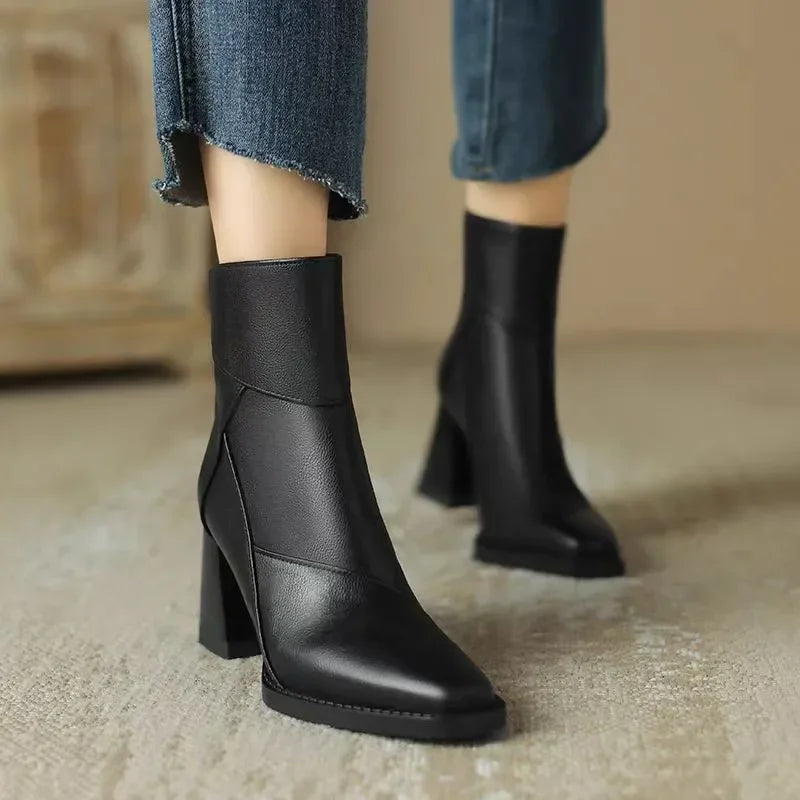 2025 New Chelsea Boots Women Shoes Chunky Ankle Goth Mid Heels Brand Winter Fashion Pointed Toe Boots Motorcycle Botas Femme