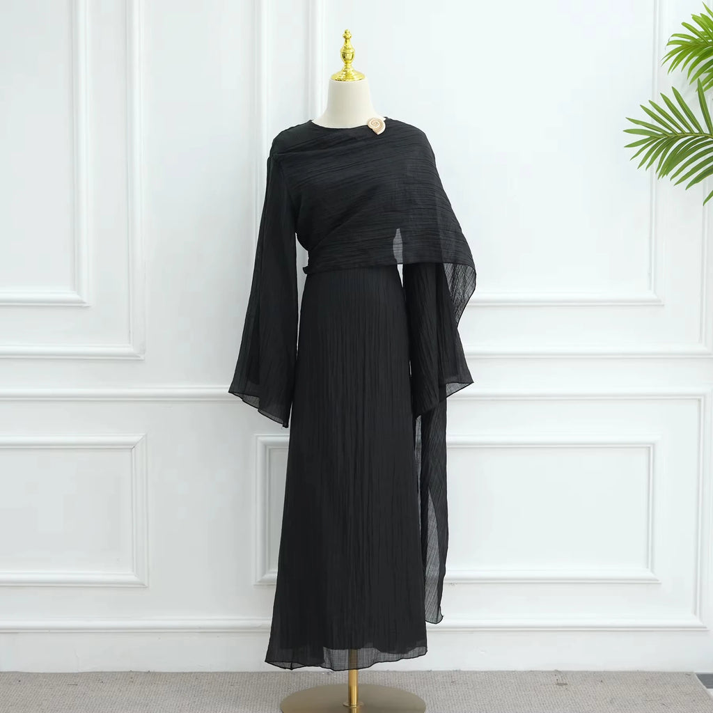 2025 New Pleated Fabric Elegant Shawl Gown Long Dress Islamic Clothing Women Abaya Dubai Modest Abaya Women Muslim Dress
