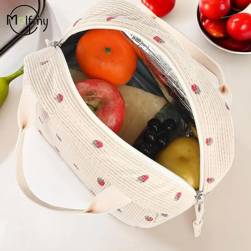 Thermal Insulation Corduroy Lunch Bag - Multifunctional Picnic Food Pouch & Storage Handbag, Cooler Bag Perfect for Kids School