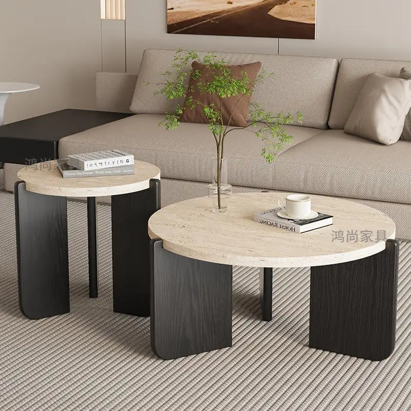 Wabi Sansan Solid Wood Travertine Coffee Table Household Coffee Table Living Room Minimalist Round Natural Travertine Rock Slate