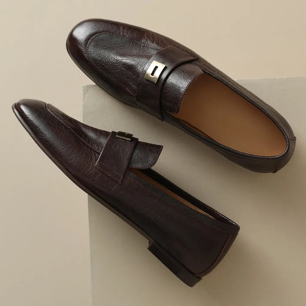 Danxuefei Women’s Leather Slip-On Loafers – Round Toe