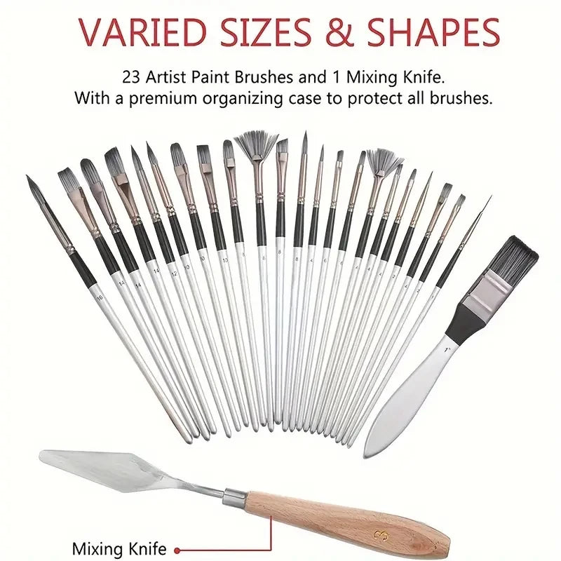 24pcs Mixed Art Brush Set – With Palette Knife & Bag