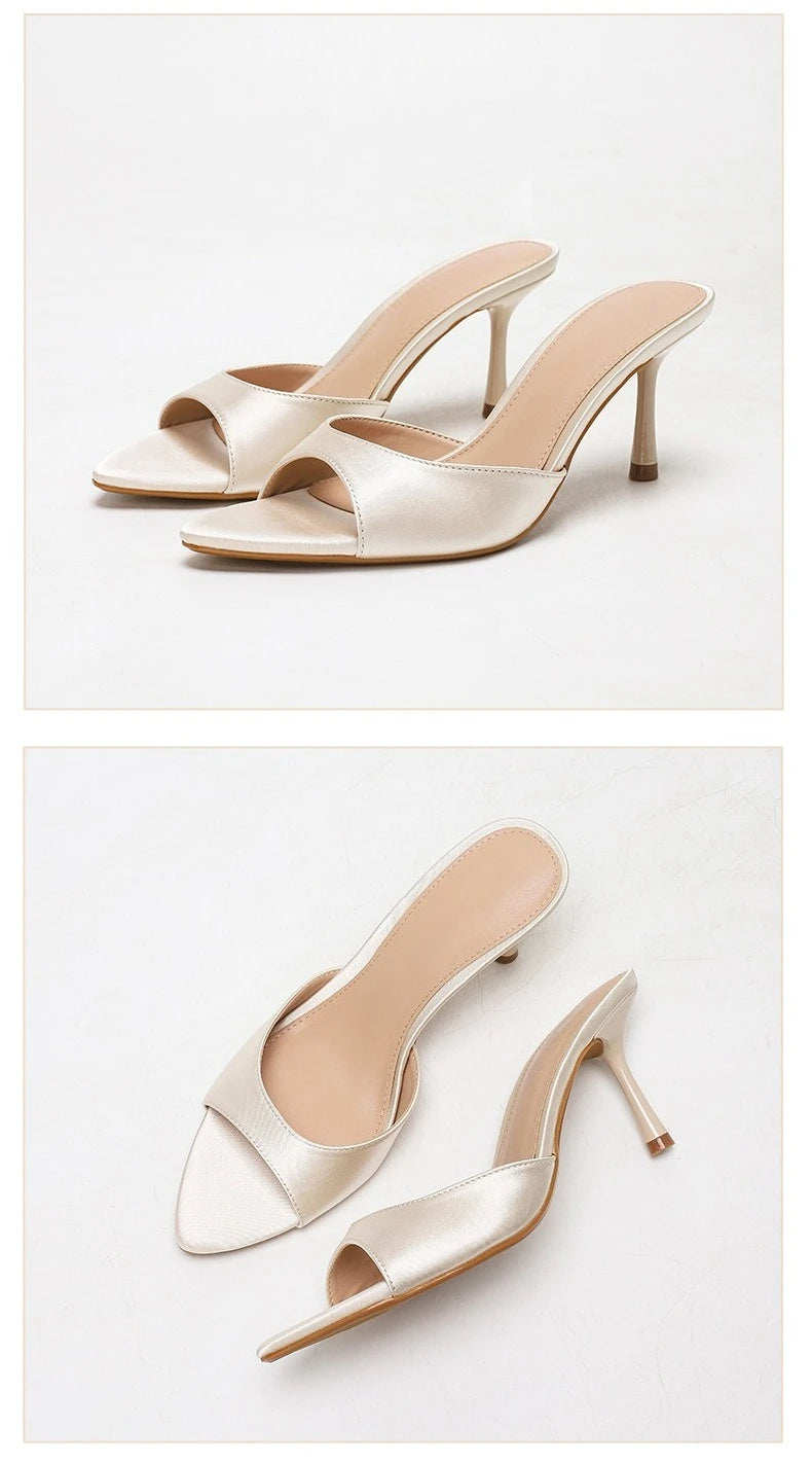 2026 New Arrival Women's Satin Mule Shoes High Heel Stiletto Slip On Sandals Fashion Elegant Party Wedding Shoes Champagne Beige
