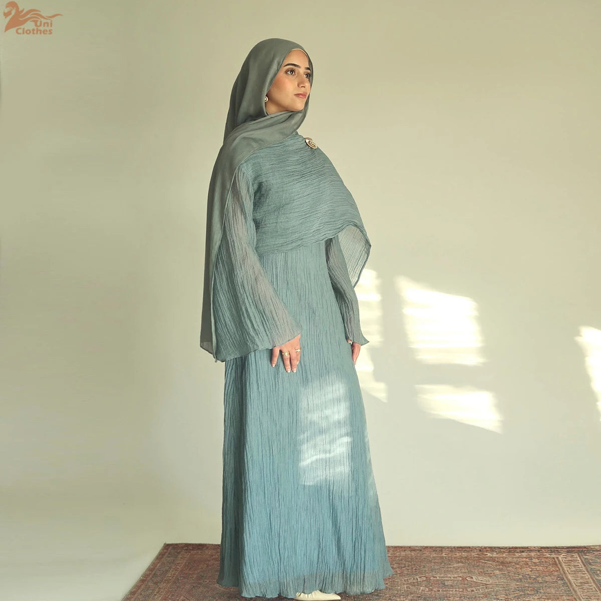 Uni Abaya 2025 Islamic Clothing Textured Maxi Crinkle Dress Closed Abaya Muslim Women Dress With Lining and Brooch