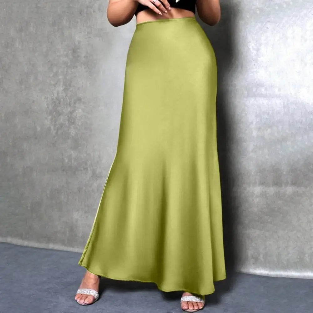 Women Fishtail Skirt Elegant High Waist Flattering Silhouette Satin Skirt Solid Color Smooth Surface A-Line Maxi Skirt