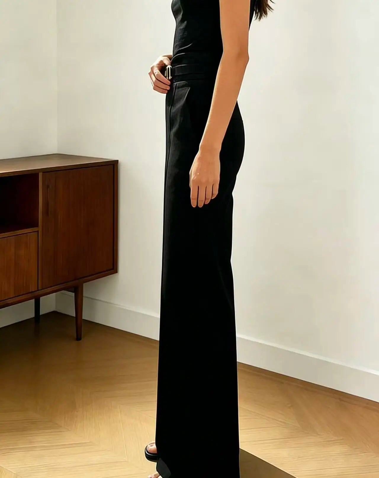 Women's New Spring/Summer High Waist Elastic Wide Leg Pants, Fashionable Simple Suit Pants with Metal Buckle Design, Suitable fo
