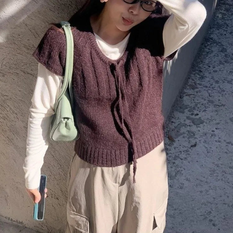 Loose ort Sve Knitted Sweater Women's Dstring Knot  Knot Overhead Sweatirt Casual Sle Online Exclusive