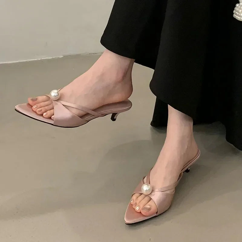 New 2025 Summer Open Toe Women Slippers Sexy Pointed Toe Slides Sandals Elegant Pearls Decoration Thin High Heels for Women
