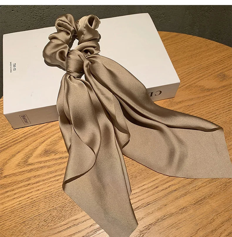Ins Fashion Satin Hair Scarf Large Bowknot Head Bands Women Elegant Brown Scarf Hair Bands Retro Ponytail Elastic Hair Ties