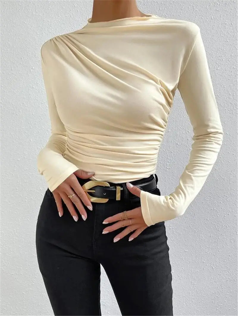 Women's Pleated Long Sleeve T-Shirt Bodycon Fit Polyester Spandex Blend Drawstring Closure  Color European Style Top
