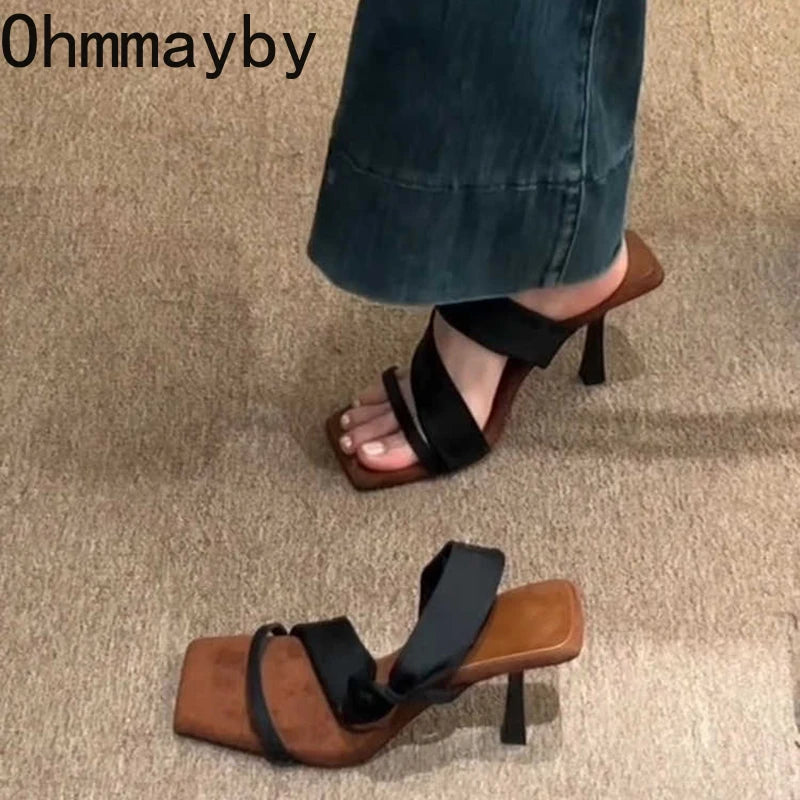 Luxury Designer Summer Women Sandals Fashion Square Toe High Heel Party Dress Shoes Banquet Striptease Sandalias
