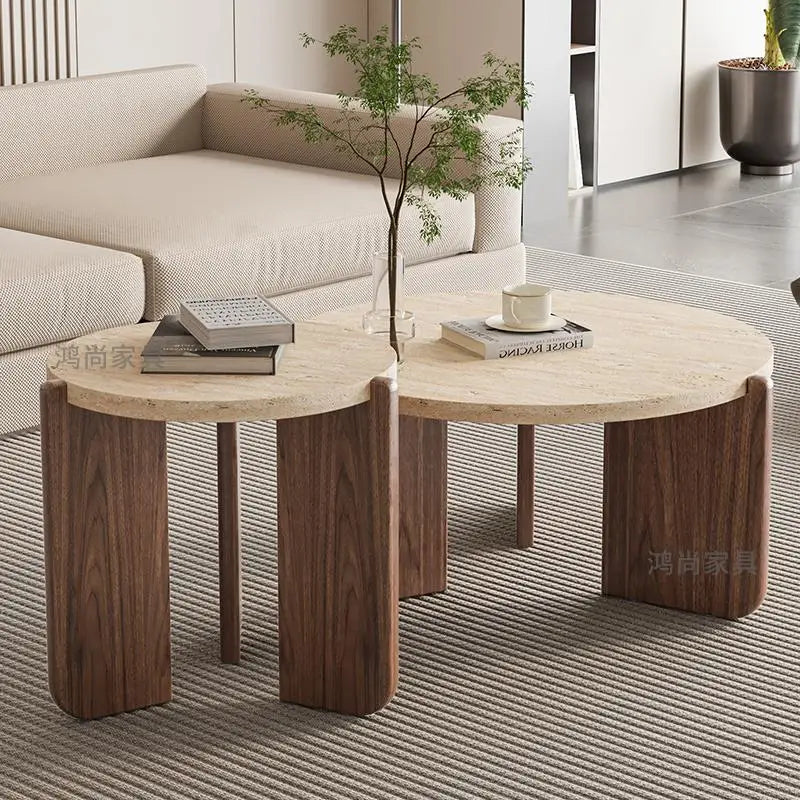 Wabi Sansan Solid Wood Travertine Coffee Table Household Coffee Table Living Room Minimalist Round Natural Travertine Rock Slate