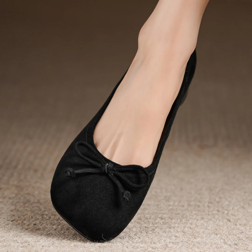 Women's natural suede leather square toe slip-on flats 3cm round low heel sweet bowtie casual female four season shoes for woman