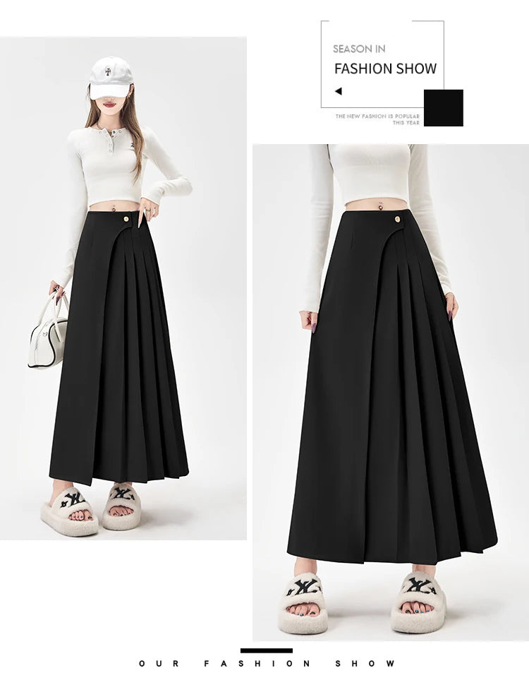 SMTHMA Women's High-Waisted Slimming Solid A- Line Skirt New Fashionable Big Umbrella Skirt Autumn/Winter Season Long Skirt
