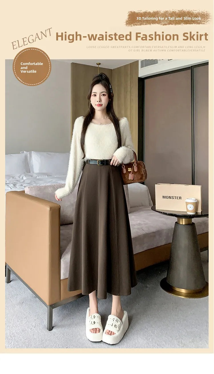 Elegant High Waist A-Line Midi Skirt Women's Fashion Slimming Skirts Autumn Winter New Style Loose Flared Mid-Length Skirts
