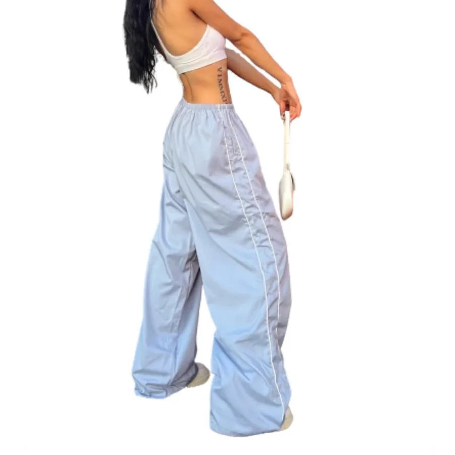 Women's Fashion Drawstring Both Sides Casual Elastic Waist Sports Pants High waist Loose Wide Leg Pants Trousers