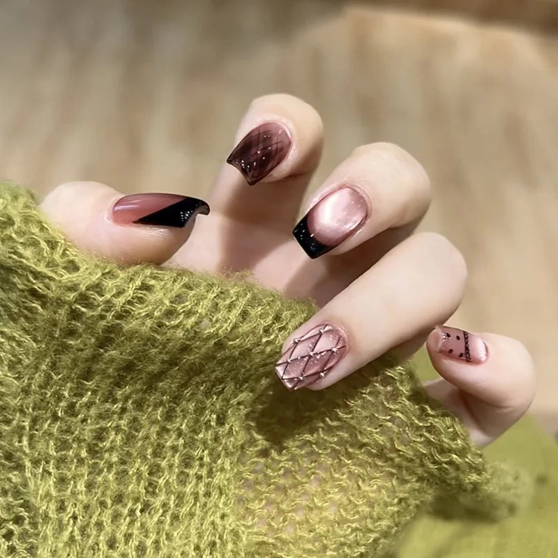 24pcs Detachable Short Press on Nails Y2k rhinestone False Nails with Glue Ballet Sweet Cool Girls Artificial False Nails Tips