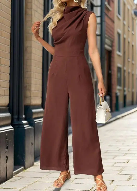 Jumpsuit Women 2026 Spring Summer New Solid Color High Collar Sleeveless Ruched Casual High Waist Wide Leg Jumpsuit