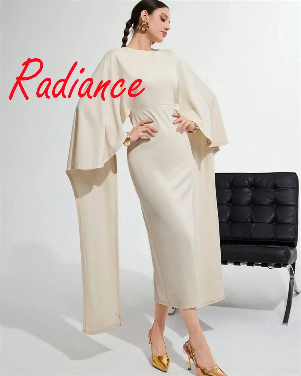 Customized Classic Ivory Satin Evening Dress Temperament Crew Neck Shawl Long Sleeves Zipper Back Bespoke Occasion G