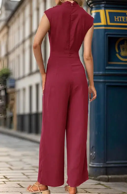 Jumpsuit Women 2026 Spring Summer New Solid Color High Collar Sleeveless Ruched Casual High Waist Wide Leg Jumpsuit
