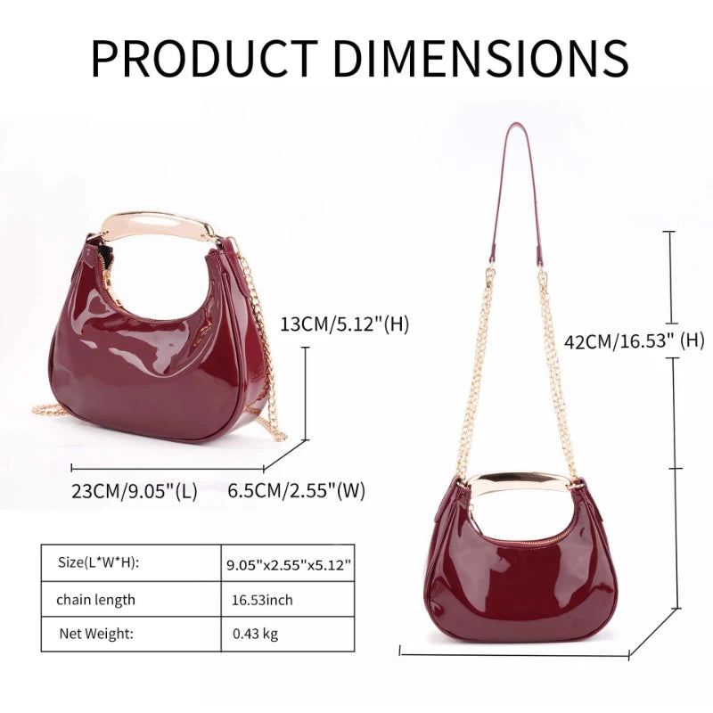 Trendy Burgundy Leather Shoulder Bag Stylish Gold Chain Hobo Bag With Metal Handle Minimalist Half-moon Crossbodybag Evening Bag